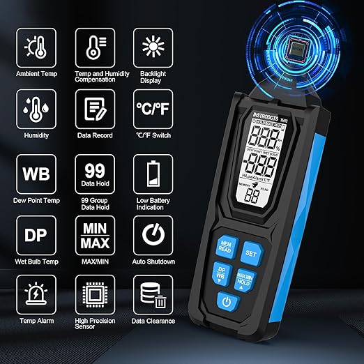 Temperature Humidity Meter, High Precision Digital Psychrometer Hygrometer with Dew Point, Wet Bulb Thermometer for Indoor Outdoor, 99 Data Storage, Temp Alarm, Backlight, MAX/MIN, Auto Shutdown - Image 6