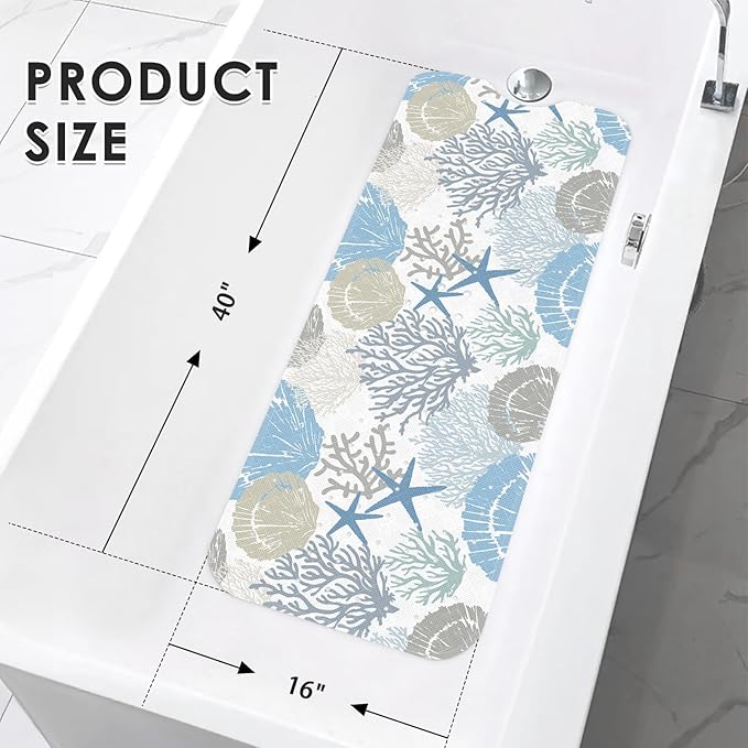 Sea Shells Coral Seashell Bath Mat Non Slip, Starfish Underwater 40X16 Inch Extra Long Bathtub Shower Mat for Tub Anti Slip with Suction Cups and Drain Holes for Kid Adult Elderly - Image 2