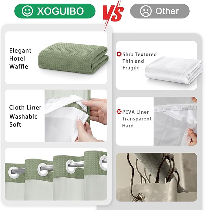 No Hook Shower Curtain and Liner Set,Sage Green Hotel Waffle Shower Curtain with Liner 75" L x 72" W,White Ring - Image 5