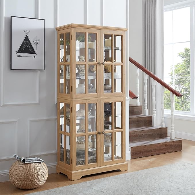 Lighted Glass Curio Cabinet with Lights & Adjustable Shelves,Curio Display Cabinet with Wood Frame & Glass Door,Corner Antique Display Case for Kitchen,Living Room,Office - Image 4