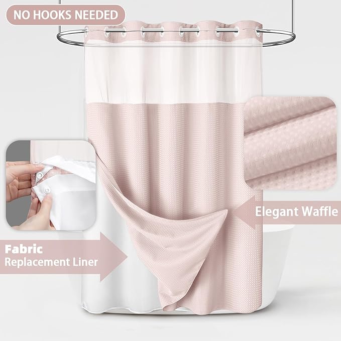 No Hook Shower Curtain and Liner Set,Blush Pink Hotel Waffle Shower Curtain with Liner 75" L x 72" W - Image 3