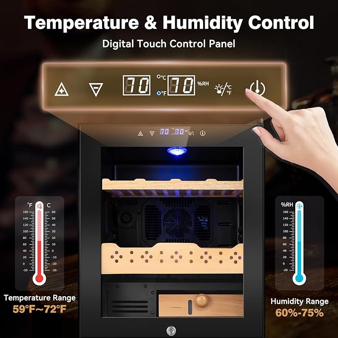 Electric Cooler Cabinet 50L with Temperature and Humidity Control, Spanish Cedar Wood Shelves and Safety Lock (400 Counts Capacity), Gift for Men - Image 3