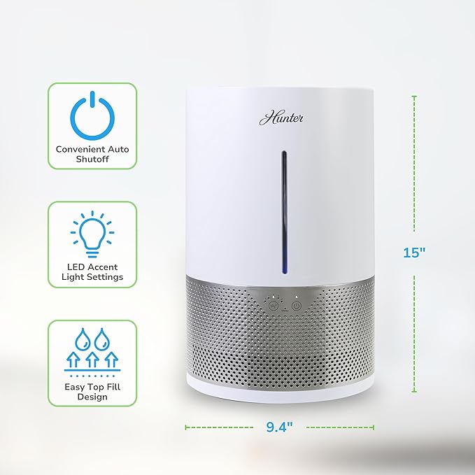 HHE150 Hunter Aspire 4.8L Evaporative Humidifier with PermaWick Filter (4.8L) - Remove Contaminants & White Dust for Clean Mist & Air – Medium Humidifier for Home, Bedroom, or Dorm - White - Image 5