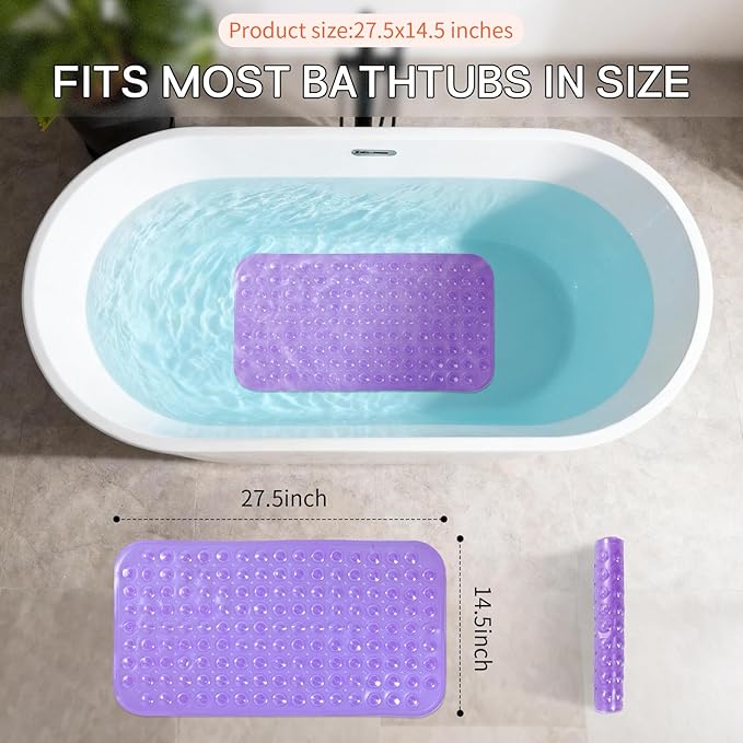 Anti-Slip Bathtub Shower mat, 27.5×14.5（Approximately 70×37cm） inch Soft Oversized Machine Washable Non-Slip Bathtub mat with Drainage Holes, Bathroom Floor Suction Cup.（1- Clear Purple） - Image 3