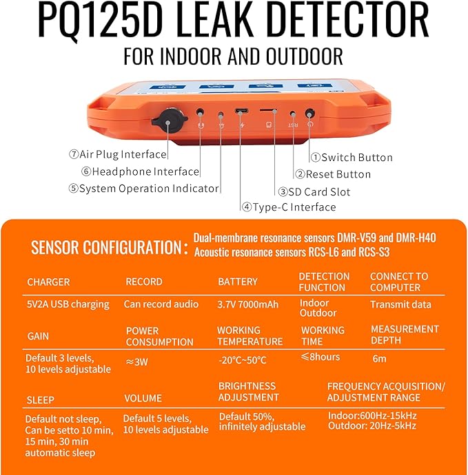 PQWT Underground Water Leak Detectors for Home and Outdoor PQ125D Wall Pipe Water Leakage Detection with Touchscreen Earphone and Carrying Case Multi Sensor Acoustic Pipeline Sound Intensifier - Image 5