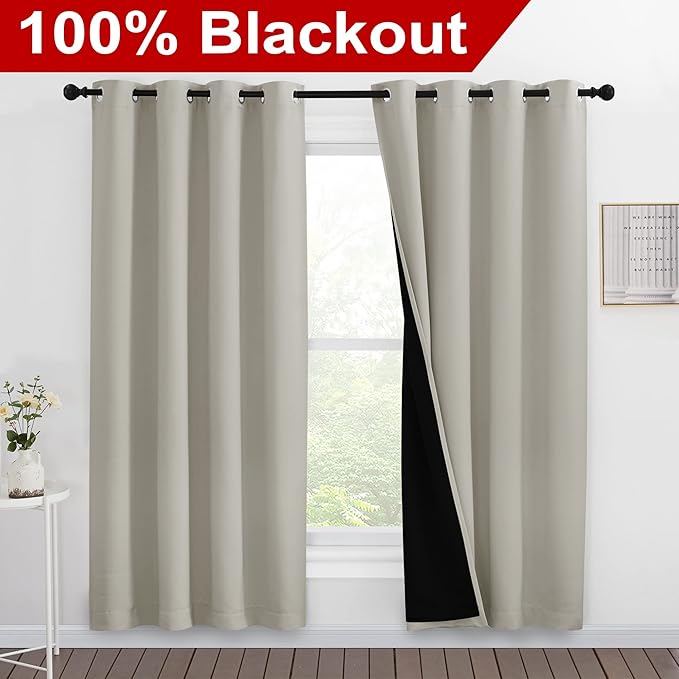 NICETOWN 100% Blackout Window Curtain Panels, Full Light Blocking Drapes with Black Liner for Nursery, 78-inch Drop Thermal Insulated Draperies (Natural, 2 Pieces, 55-inch Wide Per Panel) - Image 2