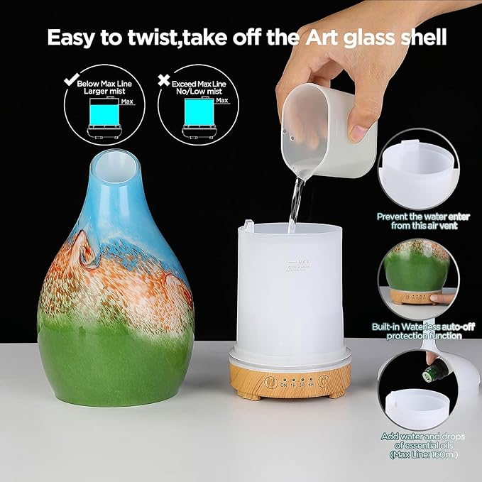 Vase Aroma Essential Oil Diffuser 160ml Art Glass Ultrasonic Cool Mist Scent Aroma Diffuser, Intermittent with Auto Shut-Off Timer Setting &7 Colors Night Light for Home-Ends of The Earth - Image 6
