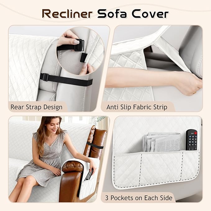 Arfntevss Waterproof Recliner Sectional Couch Covers for Reclining Sectional L Shape Sofa Cover Non Slip Washable Recliner L Shaped Slipcover Sets for Dog Furniture Protector (5 Seater, Cream White) - Image 4