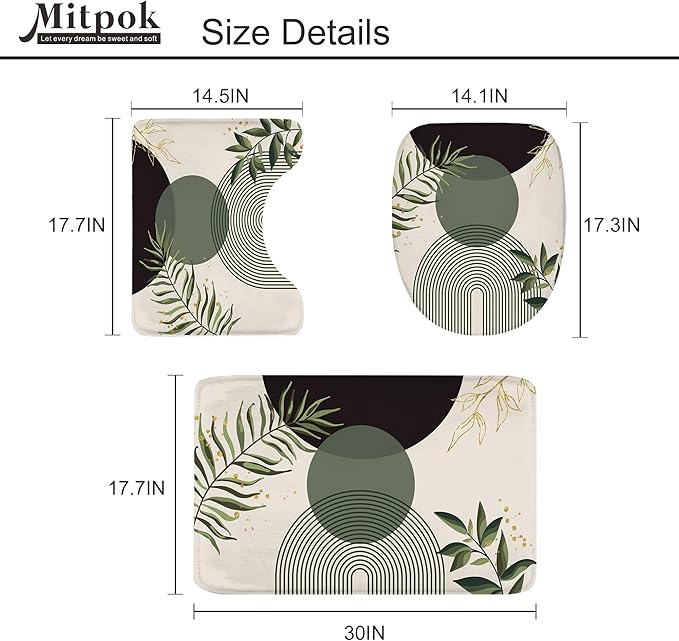 4 PCS Dark Green Boho 72Wx72H Shower Curtain Set Modern Mid Century Leaves Plant Bath Rug Toilet Lid Cover Nonslip U Shape Mat Quick Dry Accessories Bathroom Decor with 12 Hooks - Image 5