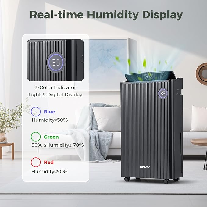 COSTWAY 4,500 Sq. Ft Dehumidifier for Basement, 3-Color Humidity Indicator, Dry Clothes Mode, 12" Drain Hose & Wheels, 57 Pints Dehumidifier for Large Room (Black) - Image 5