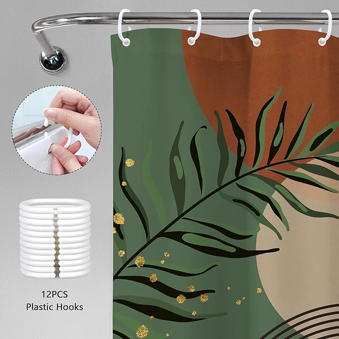Boho Dark Green Shower Curtain 60Wx72H Abstract Bohemian Mid Century Minimalist Teal Gold Leaf Arch Geometric Plant Neutral Bathroom Decor Botany Bath Curtain Fabric Polyester 12 Pack Hooks - Image 6