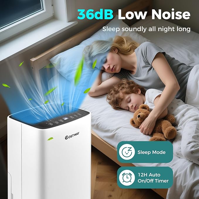 COSTWAY Dehumidifier for Large Room and Basements, Portable 30 Pints Dehumidifier with 3 Modes, 2 Speeds, Low Noise, 24H Timer, Auto or Manual Drainage - Image 4