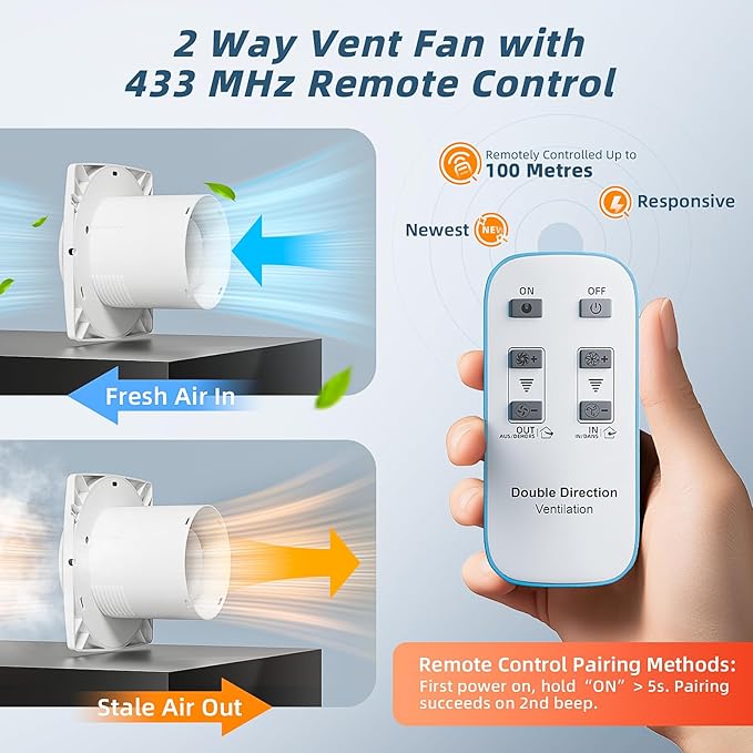Bathroom Exhaust Fan with Remote, 2 Way 6 Speed Upgraded Powerful Low Noise Vent Fan 3000RPM DC Motor Energy Saving Household Ventilation Fans for Attic Basement Garage Washroom V116A24 - Image 8