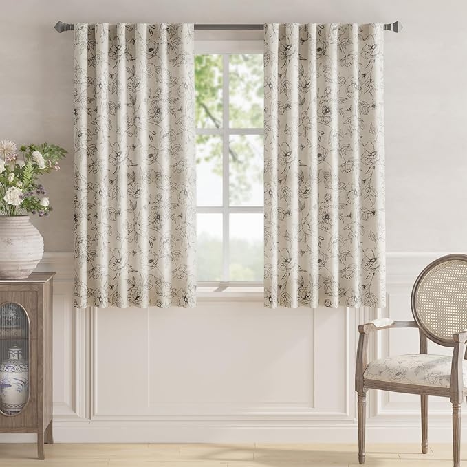 jinchan Floral Linen Curtains for Living Room 63 Inch Length Grey Flower Curtain Rod Pocket Back Tab Farmhouse Curtains with Printed Floral Bedroom Window Curtain Set, 2 Panels Gray - Image 2