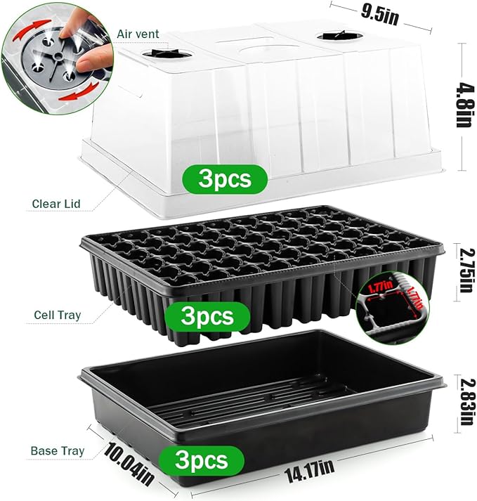 Heavy Duty Seed Starter Trays with 5'' Tall Humidity Domes & 2.75'' Deep Cells – 3-Pack (162 Cells Total) Reusable Plant Germination Kit, Durable Plastic Seedling Trays for Herbs, Vegetables - Image 2