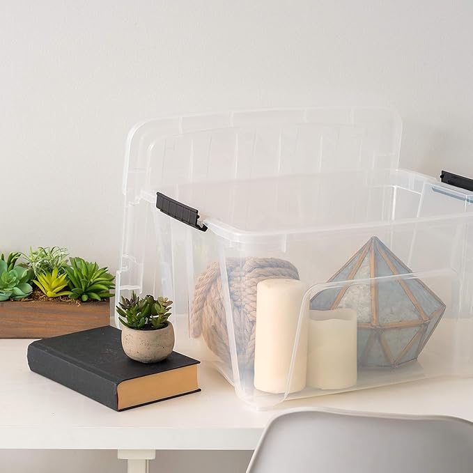 IRIS USA 32 Qt Stackable Plastic Storage Bins with Lids, 4 Pack - BPA-Free, Made in USA - See-Through Organizing Solution, Latches, Durable Nestable Containers, Secure Pull Handle - Clear - Image 8
