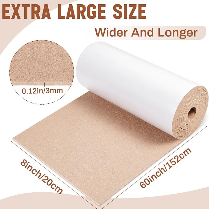 Large Felt Furniture Pads 8 x 60 Inch Non Slip Self Adhesive Heavy Duty Cuttable Strip Roll Felt Sheet Tape for Protecting Hardwood Floors Chair Wall, Beige - Image 2