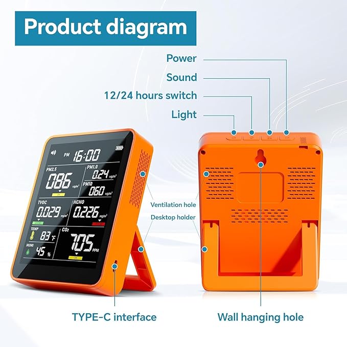 Air Quality Monitor Indoor,13-in-1 Smart Air Quality Tester with PM 2.5, CO2, TVOC, HCHO, PM1, AQI, PM10, Temperature & Humidity, Real Time Display, Battery Powered, for Home & Office (Persimmon) - Image 7