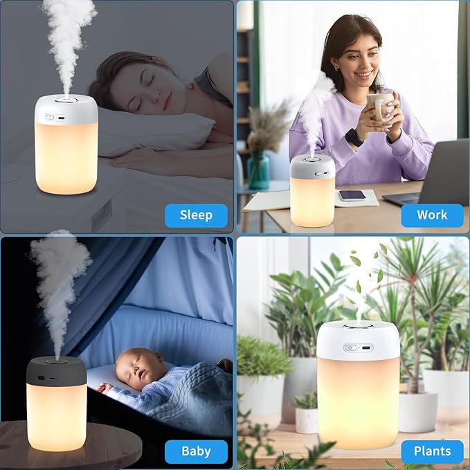 SZO Night Lights Humidifiers For Bedroom, USB Rechargeable, LED Lights For Bedroom,4 Mode Portable Humidifier Fit For Various Scenarios,<28dB, Auto Shut-off, Ideal For Home Travel Plants(White） - Image 7