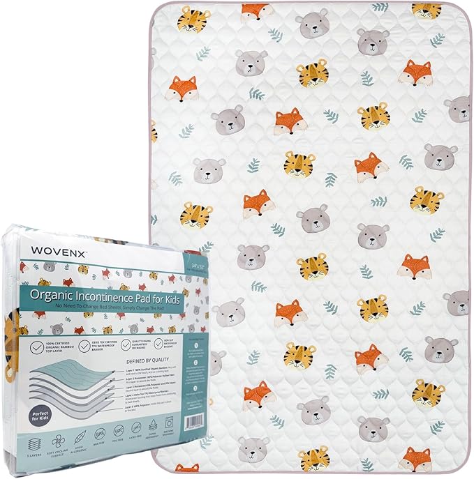 Organic Incontinence Pads for Kids & Toddlers - 5 Layer Waterproof Protectors for Overnight Bed Wetting - Reusable & Washable Pee Pads - Fits Twin to Full Size Beds - 34" x 52" Tiger Bear Fox - Image 6