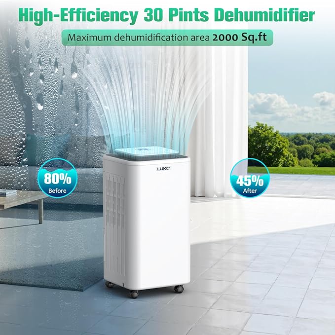 LUKO 2000 Sq. Ft Dehumidifiers for Large Room and Basements, 30 Pints Dehumidifier with Drain Hose, Auto or Manual Drainage, 0.528 Gallon Water Tank, Auto Defrost, Dry Clothes Function, 24H Timer - Image 3
