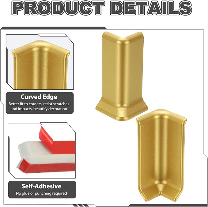 uxcell Self Adhesive Baseboard Corner Blocks, 3.23 Inch Wall Edge Corner Protector 3 Inside + 3 Outside Corners-Connector for Wall Floor Furniture Edge(Gold) - Image 4