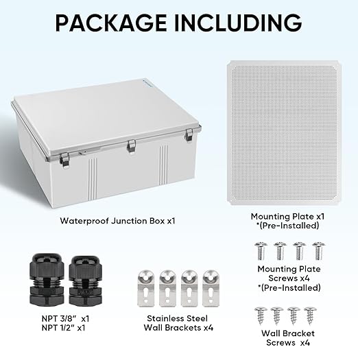 TICONN Outdoor Electrical Box Waterproof, Junction Box IP67 ABS Plastic Enclosure with Hinged Cover with Mounting Plate, Wall Brackets, Cable Glands (Off-White, 24.8"x20.9"x9.8") - Image 6