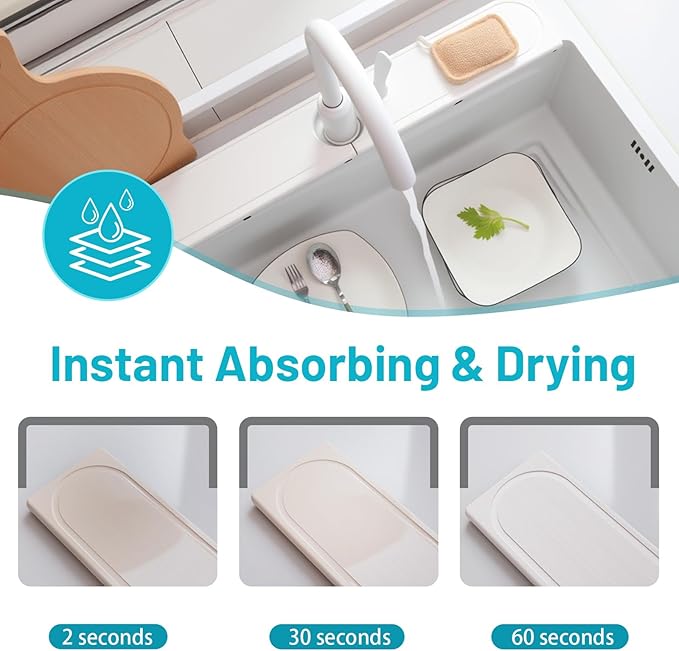 Faucet Mat for Kitchen Sink with Raised Feet, Fast Drying Diatomite Stone Sink Tray, Water Absorbent Faucet & Sink Splash Guard, Prevents Moisture Buildup, Durable Protector for Bathroom Counter - Image 3