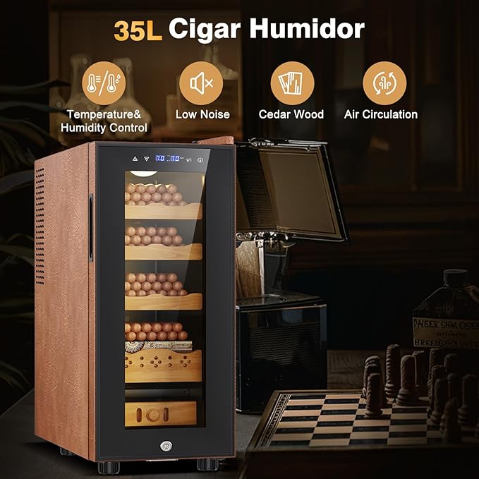 Electric Cooler Cabinet 35L with Temperature and Humidity Control, Leather Finish, Spanish Cedar Wood Shelves and Safety Lock (300 Counts Capacity), Gift for Men - Image 2