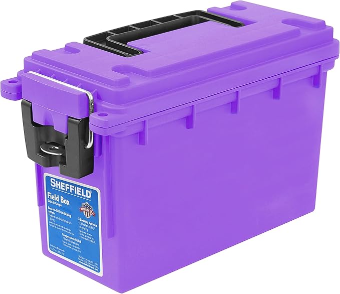 Sheffield 12632 Ammo Storage Box, Stackable .30 Cal Field Boxes, Water and Dust Resistant, Lockable Storage Box with Handle, Secures Hunting Gear, Supplies, and Bullets, Made in USA, Purple, 1-Pack by Sheffield