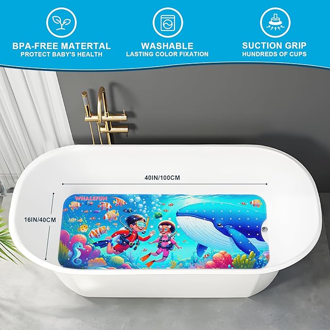 XIYUNTE Baby Bath Mat for Tub Non Slip Kids Bath Mat - 40''x16'' Extra Long Cartoon Whale Baby Bath Tub Mat Eco-Friendly Toddler Bath Mats with Suction Cups & Drain Holes Easy to Clean & Easy Drying - Image 3