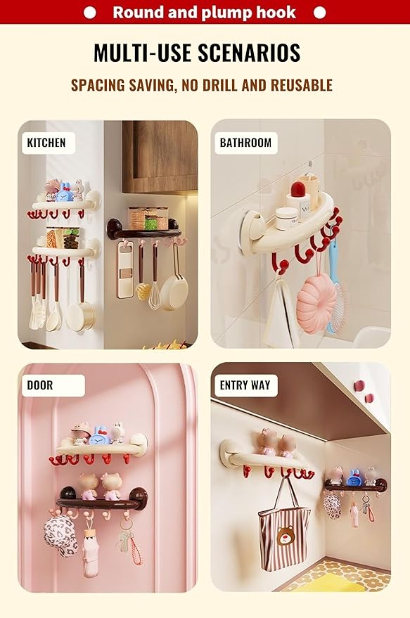 New Suction Cup Display Shelf and Hooks for Collectibles, Drill-Free, Heavy-Duty 6 Hooks – for Bathroom, Kitchen, Entryway, Bedroom Door Back, Key Storage and Blind Box Display (1pc, Brown) - Image 6