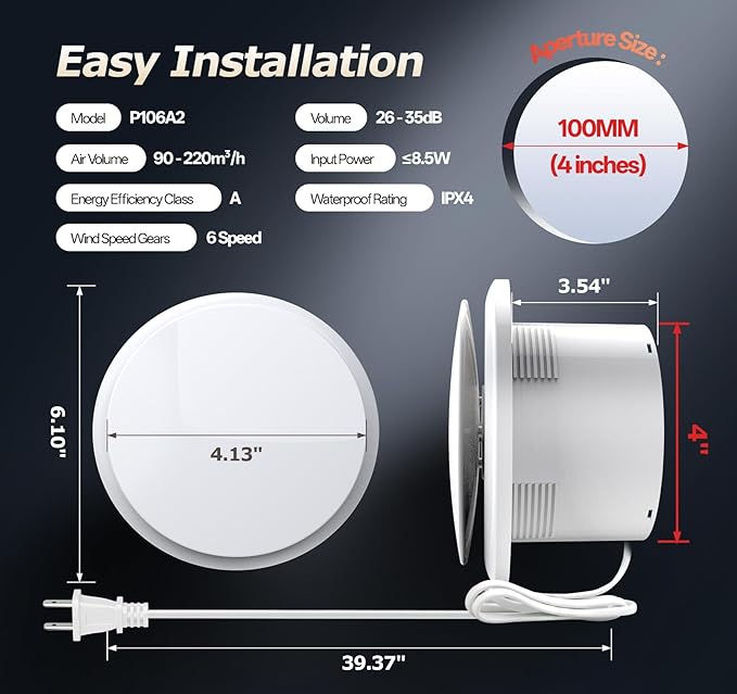 4 inch Bathroom Exhaust Fan with Remote 2 Way 6 Speed Upgraded Powerful Low Noise Vent Fan 3000RPM DC Motor Energy Saving Household Ventilation Fans for Attic Basement Garage Washroom P106A2 - Image 5