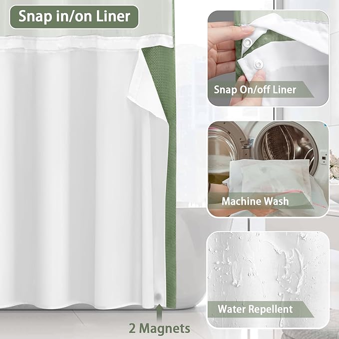 No Hook Shower Curtain and Liner Set,Hotel Waffle Shower Curtain with Liner 75" L x 72" W Green - Image 4