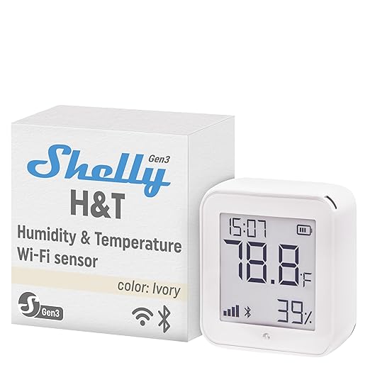 Shelly H&T Gen3 Ivory | Wi-Fi and Bluetooth Smart Temperature & Humidity Sensor with Remote App Control & Monitoring | Smart Scenes | Notification Alerts | LCD Display | Free Data Storage Export by Shelly