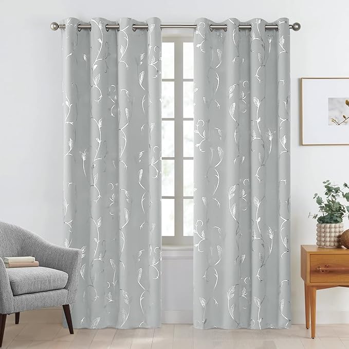 BUHUA Blackout Curtains 84 Inches Long, Vine Foil Print Pattern Room Darkening Curtain, Living Room Curtains & Drapes, Thermal Insulated Window Panel Set, 52 x 84 Inch, Silver Grey - Image 2
