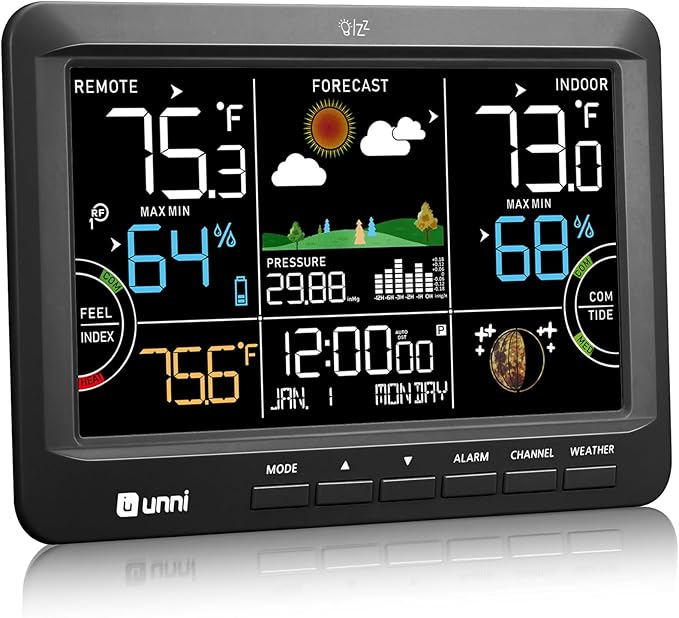 Weather Station Indoor Outdoor Thermometer Wireless, Home Atomic Clock with Large Constant Display, Inside Outside Temperature Humidity Monitor, Dew Heat Point, Barometer Black by UUNNI