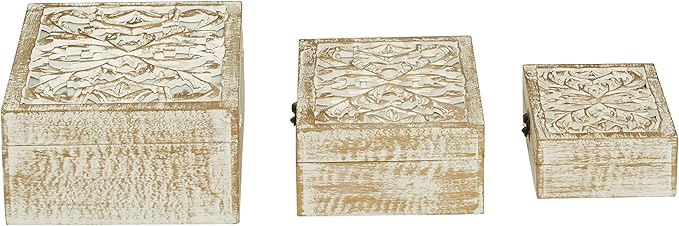 Deco 79 Mango Wood Floral Handmade Decorative Box Decorative Keepsake Boxes with Hinged Lid, Set of 3 Storage Boxes 8", 10", 12"W, White - Image 14