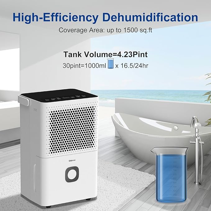 Shinco 30 Pints Dehumidifier for Home and Basements, 1500 Sq.Ft Dehumidifiers with Drain Hose, Auto or Manual Drainage, Auto Defrost, Quietly Remove Moisture, Activated Carbon Filter, 24HR Timer - Image 6
