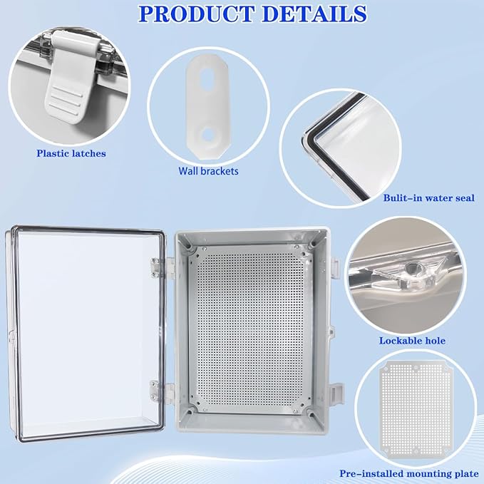 Waterproof Outdoor Electrical Box Junction Box Weatherproof IP67 ABS Plastic Enclosure Switch Router Project Box with Mounting Plate with Wall Bracket 2 Cable Glands Clear 15.74" x 11.81" x 6.7" - Image 3