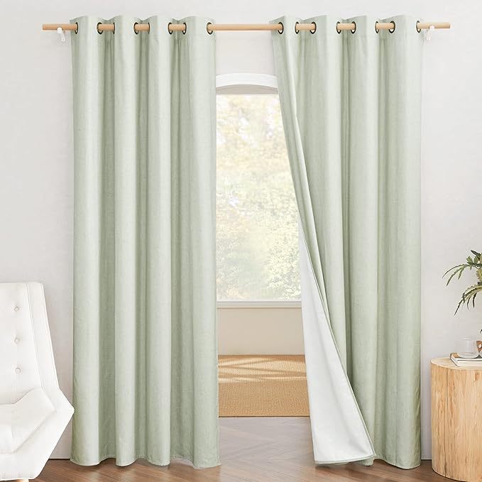 NICETOWN Sage Green High-End Thermal Flax Linen Curtains, 52" Wide Per Panel, Set of 2, Full Blackout Privacy Drapes 78" Long for Dining Room, Soundproof Window Treatment Panels for Hall Room by NICETOWN