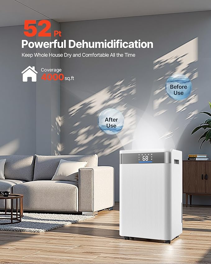 VEVOR 52 Pints Dehumidifier for Home & Basement, 4000 Sq.Ft Large Coverage, Drain Hose for Commercial & Industrial Use, Smart Humidity Control, Low Noise for Warehouses, Bathroom, Bedrooms & Storage - Image 2
