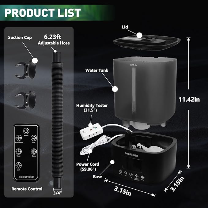 Coospider 5L Humidifier for Indoor Plants, Top Fill Humidifier for Grow Tent, Cool Mist Humidifiers with Timer & Humidity Control, Quiet Fogger for Plants, Mushroom, Greenhouse, Terrarium, Bedroom - Image 2