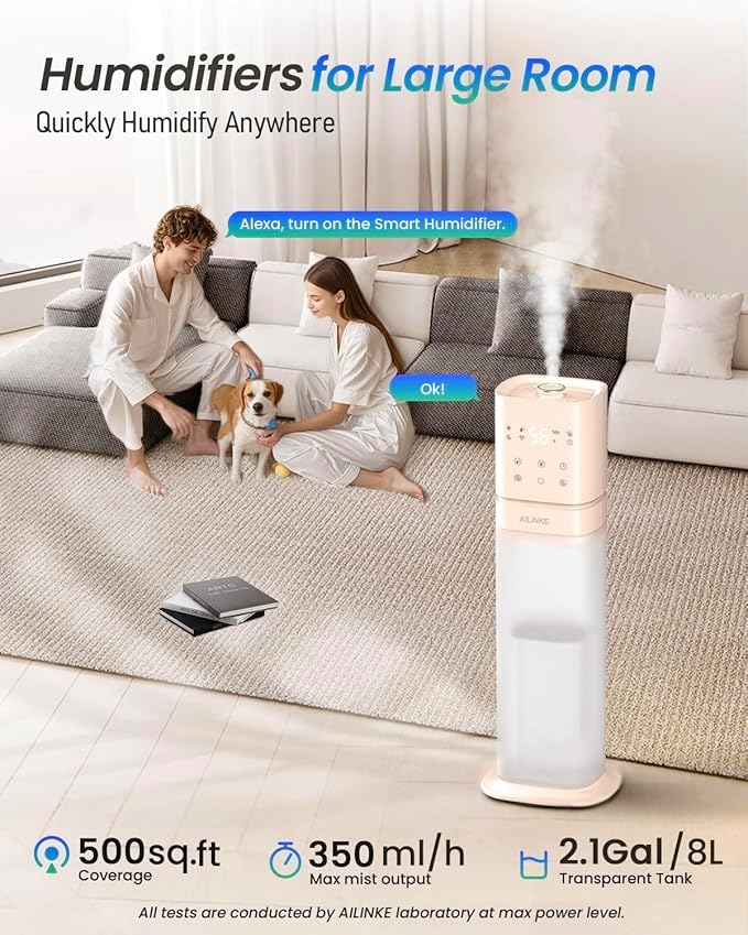 Smart Humidifier Large Room, 2.1Gal/8L Humidifiers for Bedroom with Extended Tube&Night Light, Whole House Cool Mist Humidifiers, WIFI App&Voice Control, Home/Kids/Baby, Pale Pink - Image 2