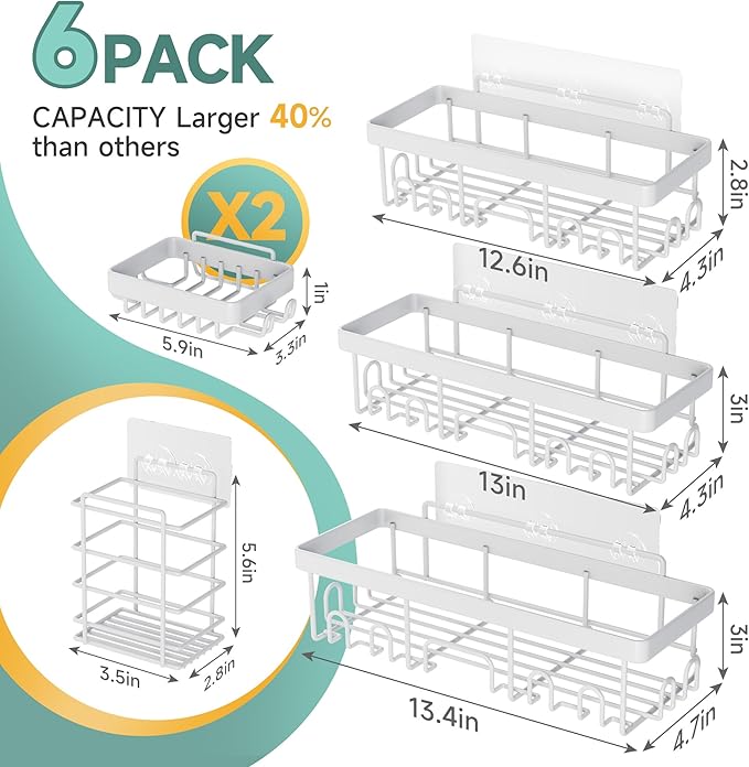 Veken 6-Pack Rustproof&Waterproof Shower Caddy, Adhesive Shelves Rack with Soap Holder, Large Bathroom & Washroom Organizer, No Drilling Wall-Mounted Kitchen&Home Decor,Ideal for Bathtub Storage,White - Image 5