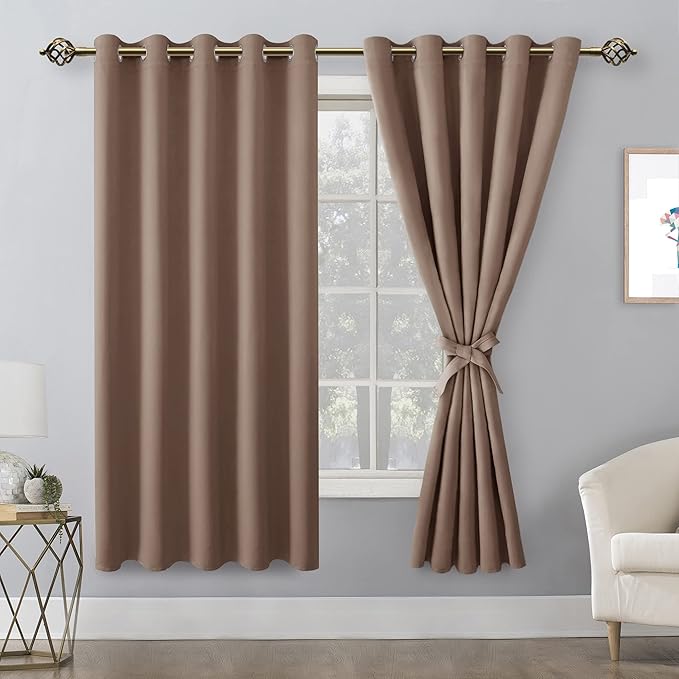 Hiasan Grommet Blackout Curtains for Bedroom, 60 x 72 Inches - Thermal Insulated & Light Blocking Window Drapes for Living Room/Dorm Room, Set of 2 Panels Sewn with Tiebacks, Cappuccino - Image 2