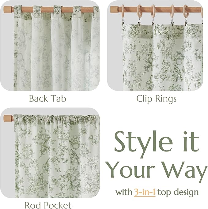 jinchan Linen Floral Curtains for Living Room 84 Inch Long Sage Green Printed Flower French Country Curtain Farmhouse Cottage Core Toile Curtains Back Tab Light Filtering Window Drapes Set 2 Panels - Image 4