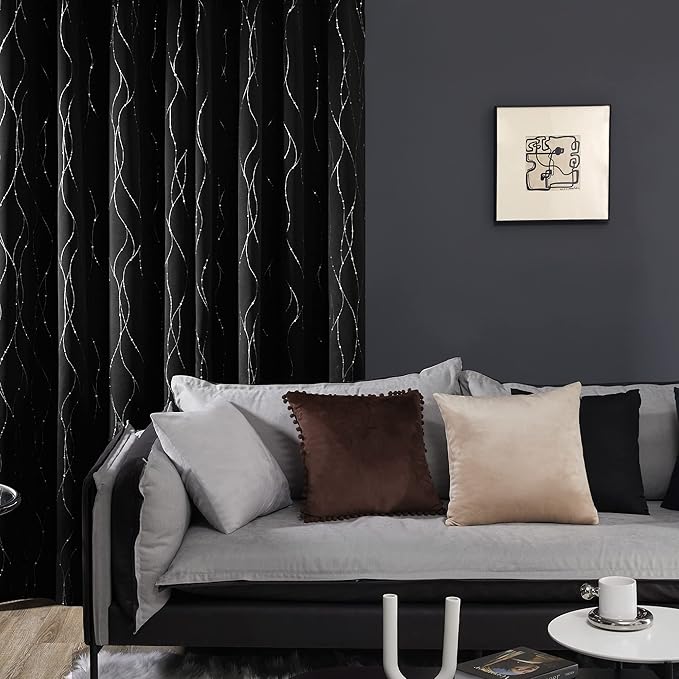 Deconovo Blackout Curtains for Bedroom, 72 Inch Length - Room Darkening Curtains, Window Grommet Curtains, Wave Line and Dots Pattern (W38 X L72, Black, Set of 2) - Image 4