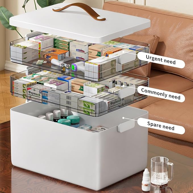 CTIME 3-Tier Medicine Organizer - Portable Medicine Cabinet with Leather Handle, Empty First Aid Kit for Home - Image 2
