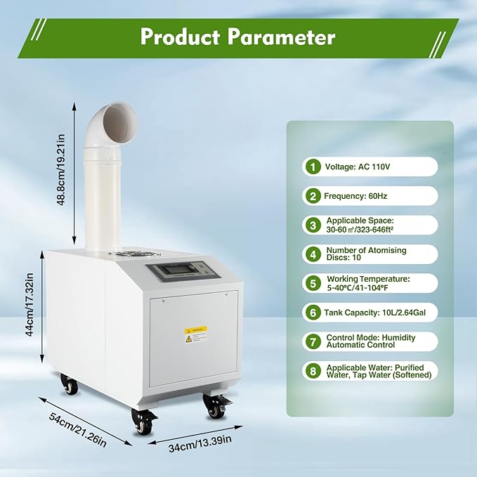 Commercial Industrial Agricultural Ultrasonic Humidifier 300W Fog Cool Maker, Adjustable Humidity Stainless Steel Shell, Digital Control Panel for Greenhouse, Industrial and Agricultural - Image 9